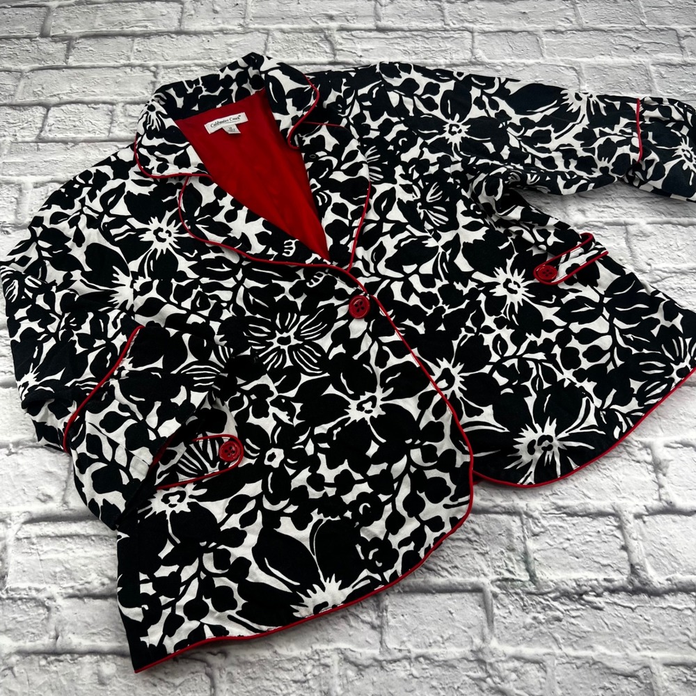 Coldwater Creek Floral Blazer Jacket Black White Red Piping Size 24 Plus Size